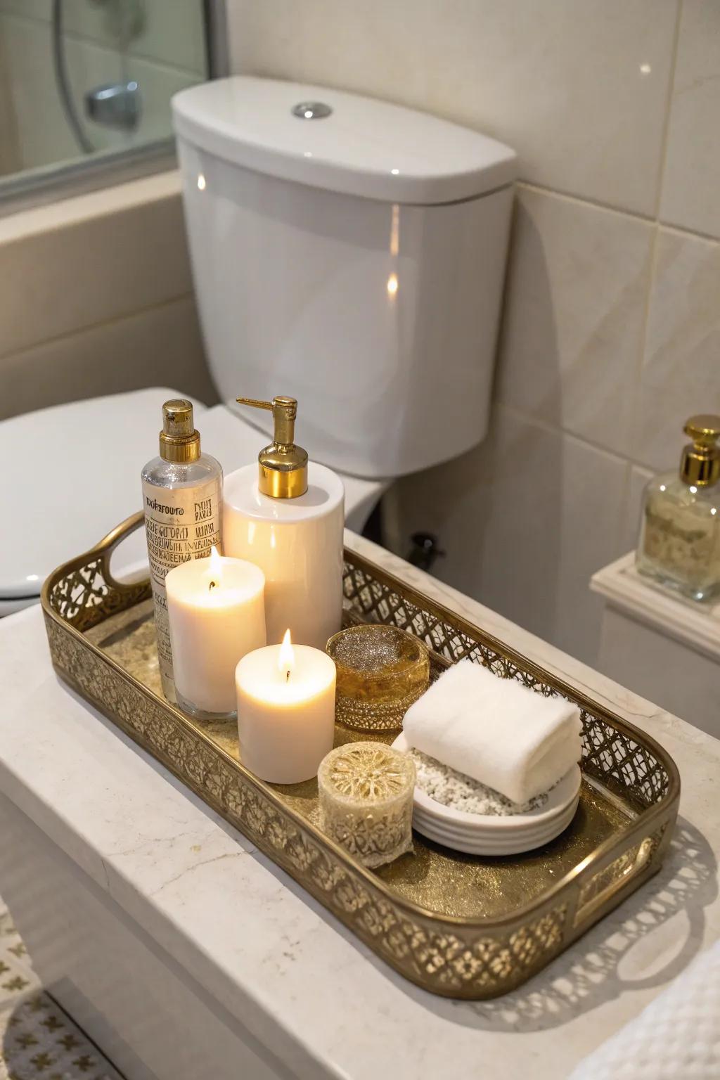 A chic tray elegantly organizes bathroom necessities.