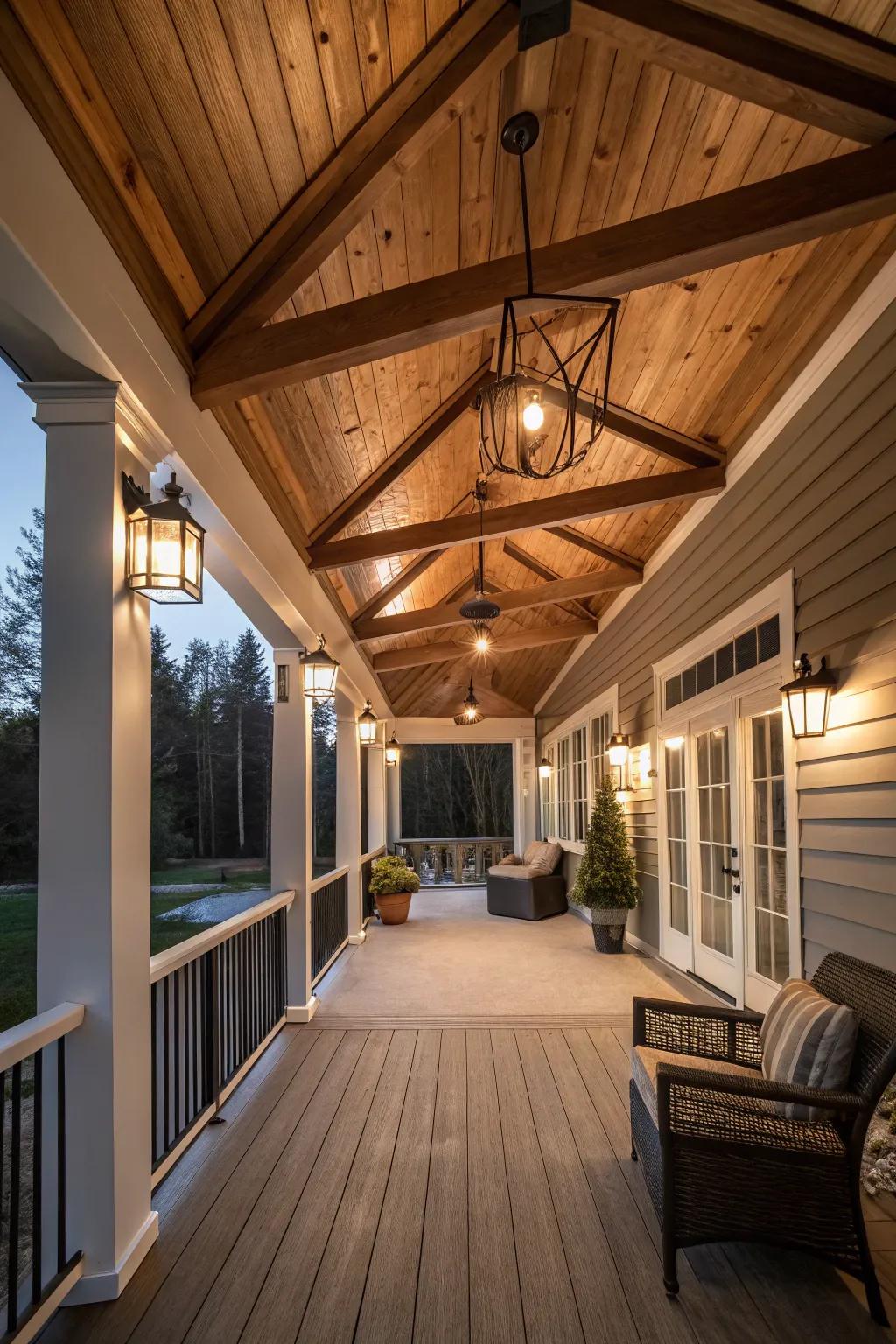 Elevate your porch with an elegant timber ceiling design.