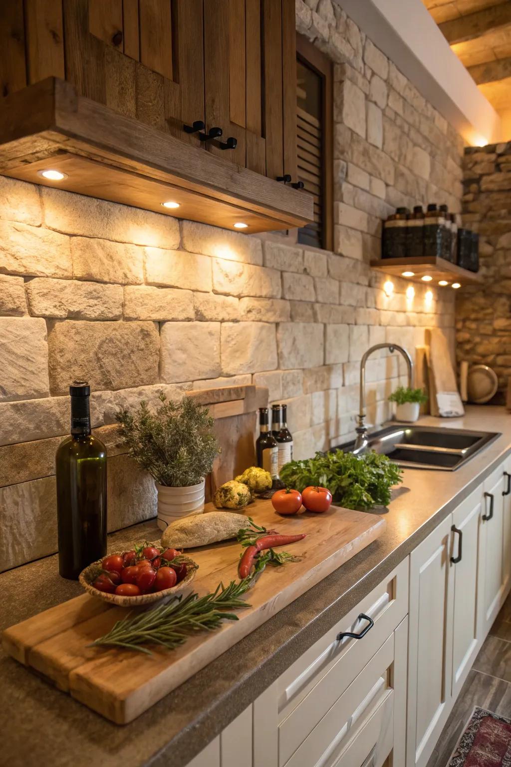 Unite with nature through a countryside rock backsplash.
