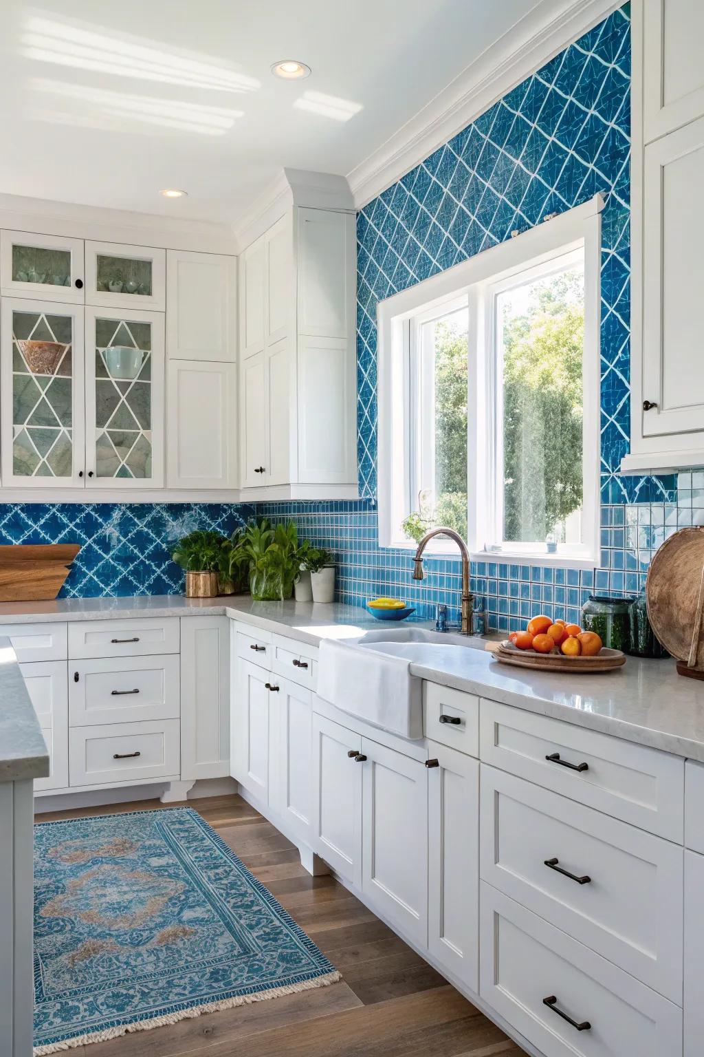 A vibrant blue backsplash introduces a revitalizing burst of color