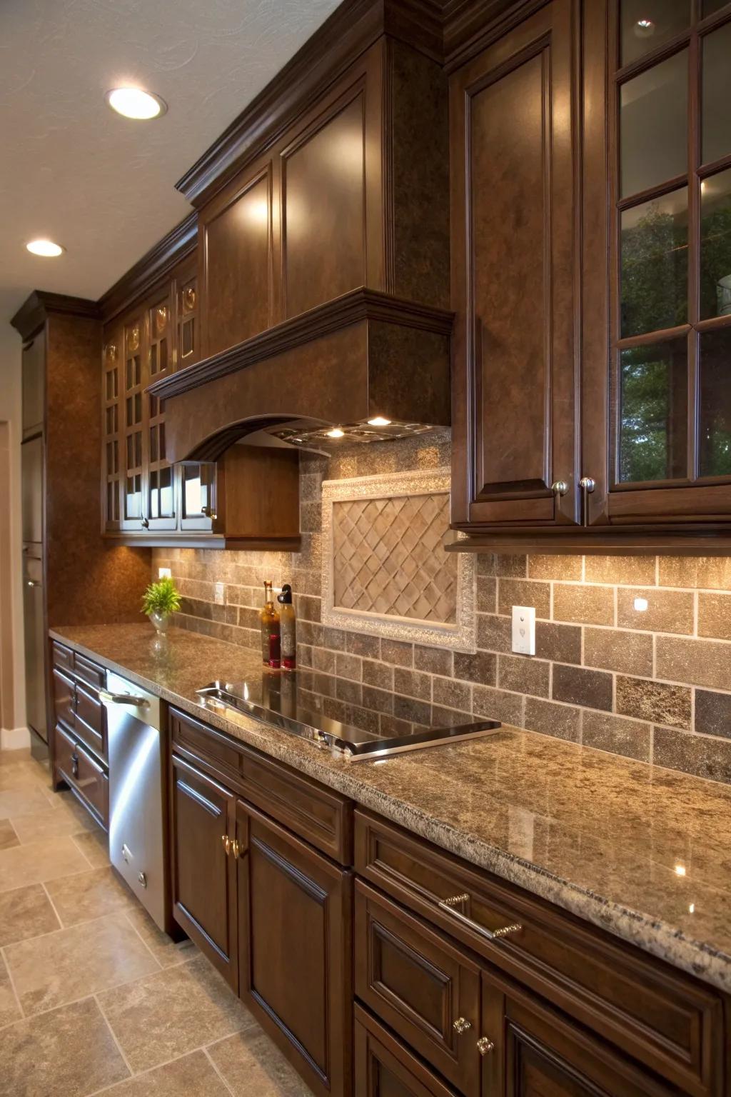Coffee-colored tiles accentuate the warmth present in fantasy brown granite.