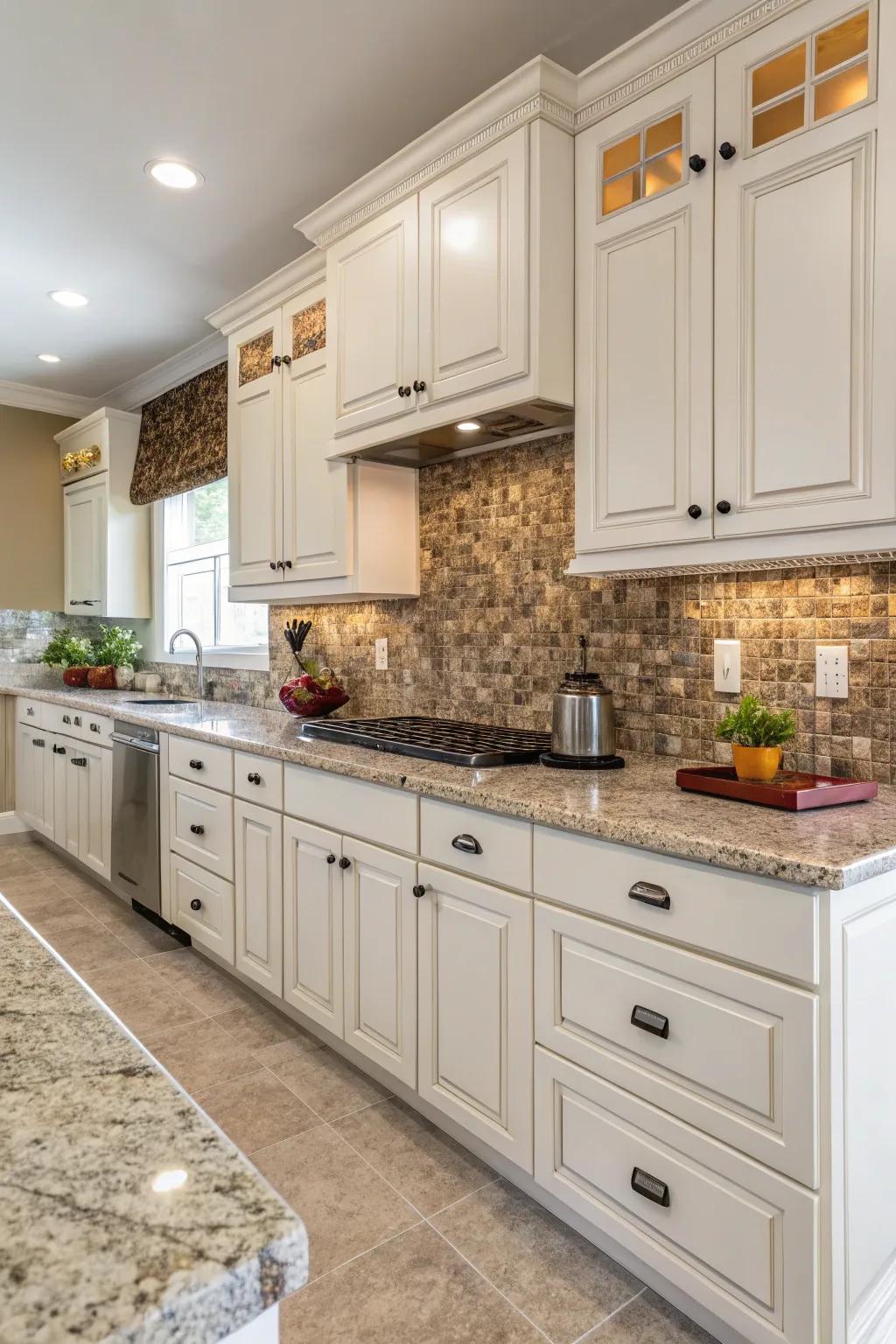 Mosaic tiles contribute a burst of texture and color, allowing your kitchen to become a focal point.