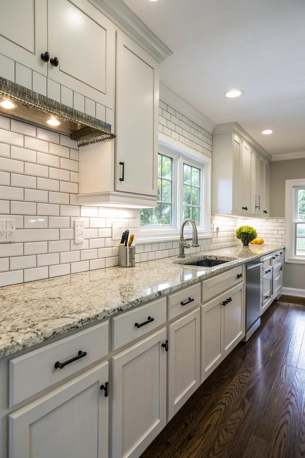 Classic subway tiles offer a timeless backdrop for granite countertops.