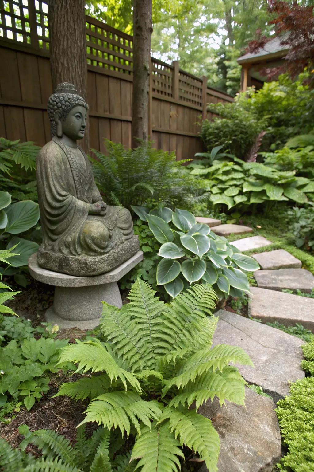 Abundant greenery provides a calming backdrop for your Buddha statue.