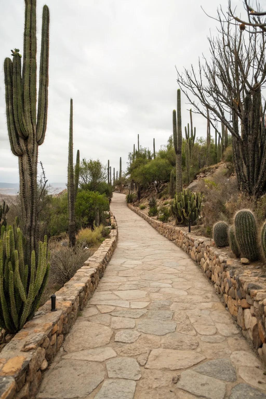 An inviting stone walkway bordered by cacti of differing heights.