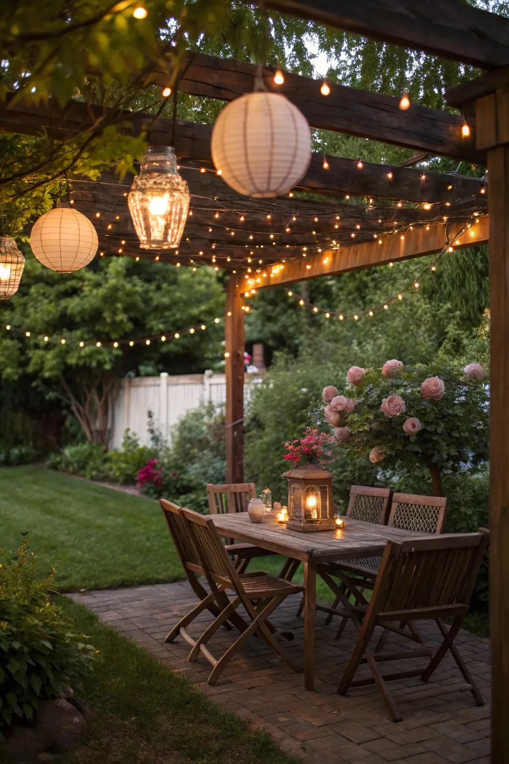 String lights and lanterns add a warm glow to your campsite.