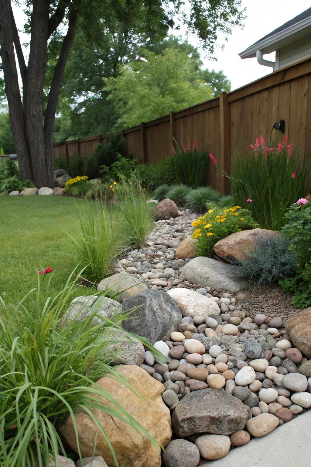A charming stone bed serves both as an attractive feature and a practical drainage solution.