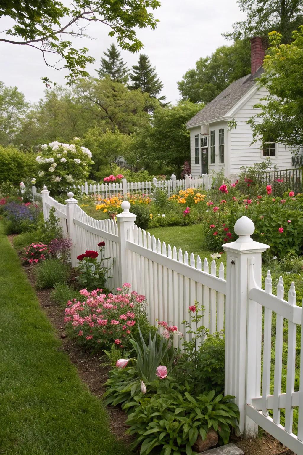A classic white picket fence adds charm to the backyard.