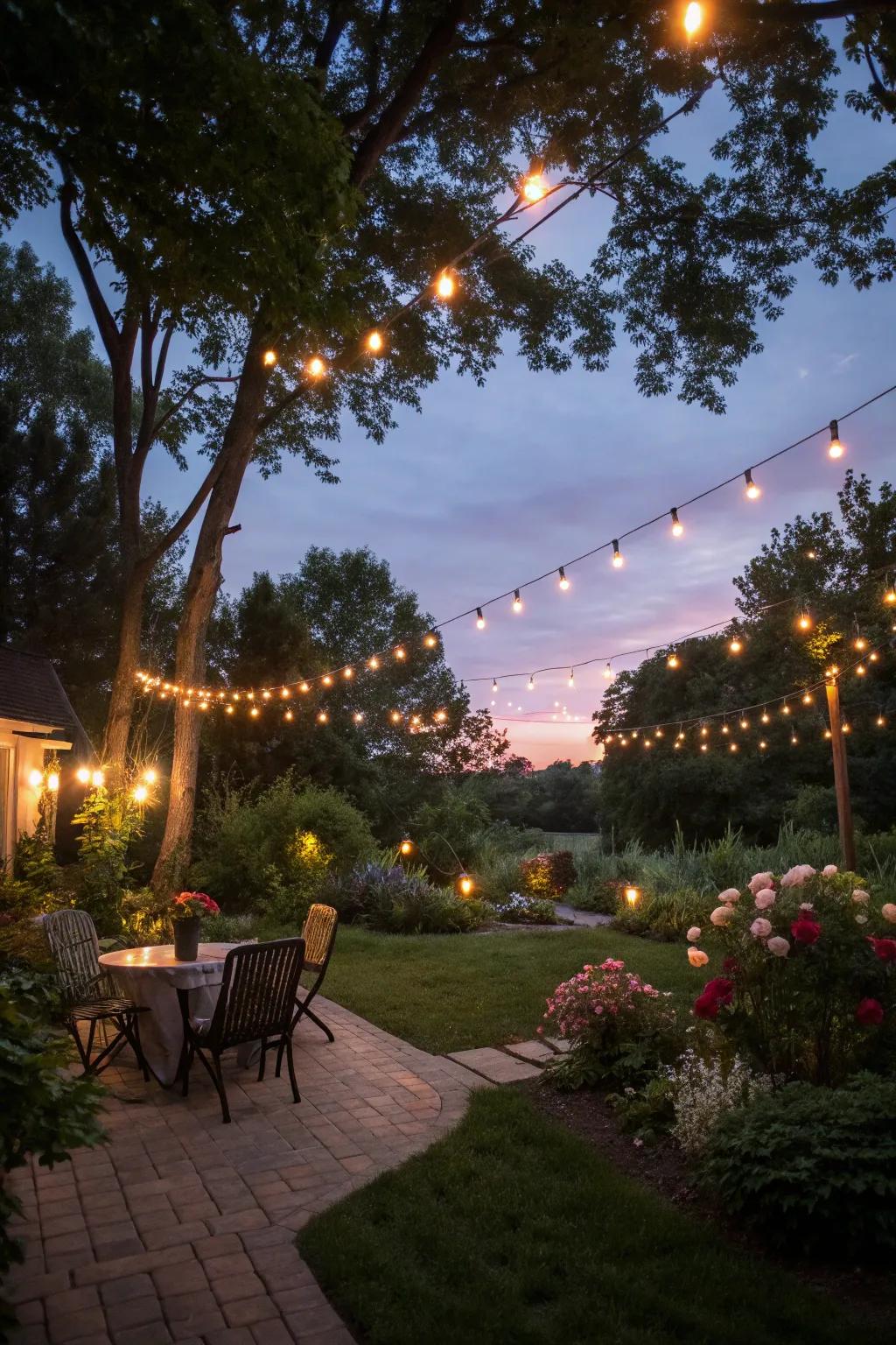 Twinkle lights form a magical canopy in a backyard garden.