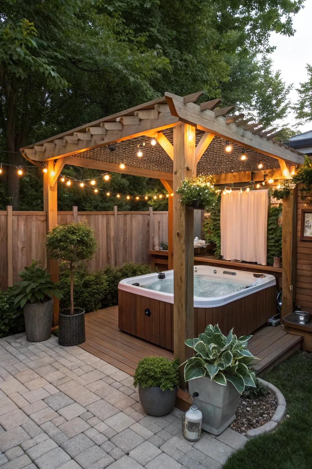 A shade structure provides both privacy and a stylish backdrop for your hot tub.