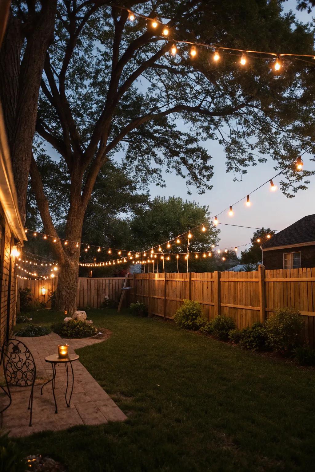Fairy lights craft a magical, serene atmosphere in your backyard during the evening.