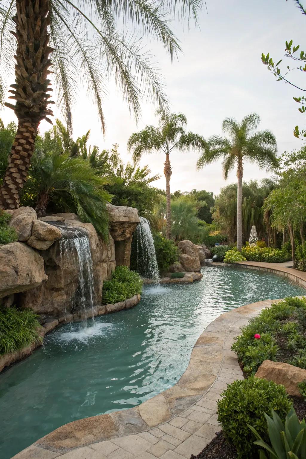 A cascade flowing into a lazy river pool, adding elegance and tranquility.