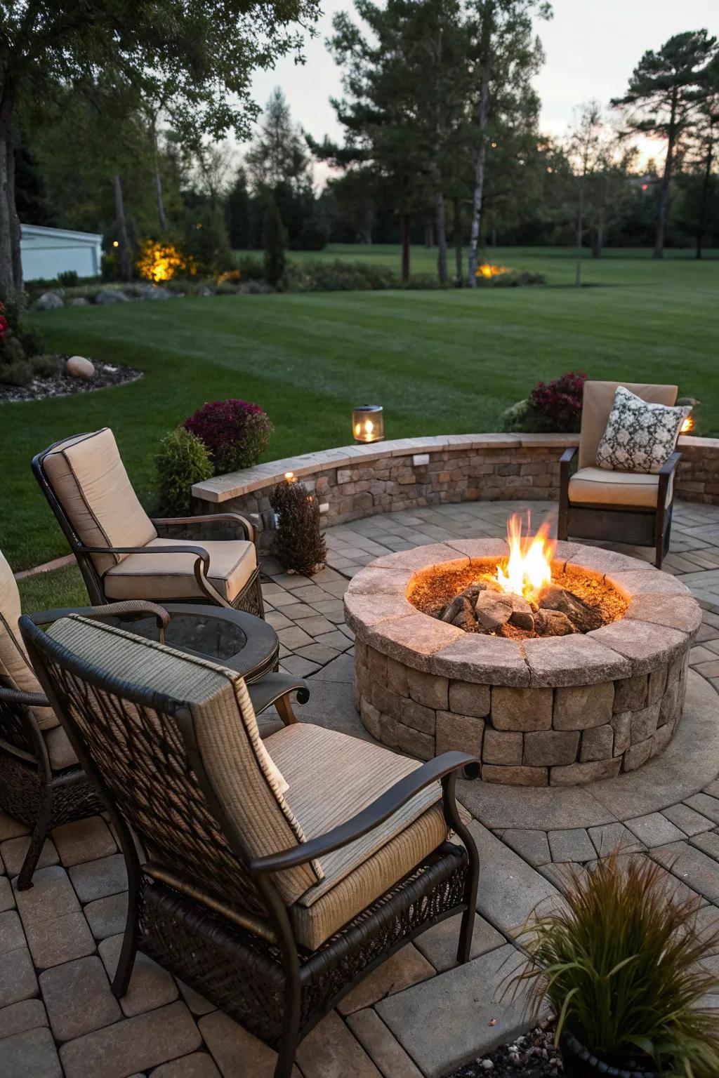 An inviting fire pit space encourages warmth and social moments.