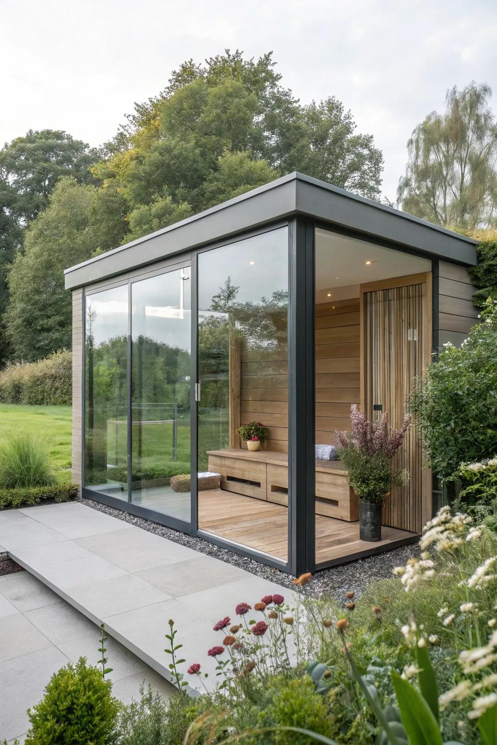 A contemporary glass escape boasting wide-ranging scenic views.