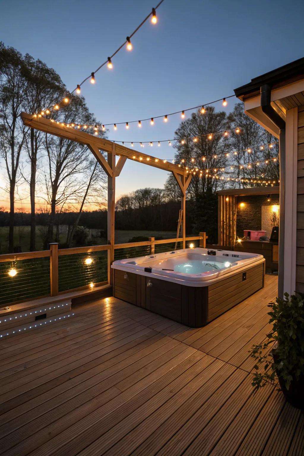 Ambient lighting enhances the atmosphere and functionality of your swim spa deck at night.