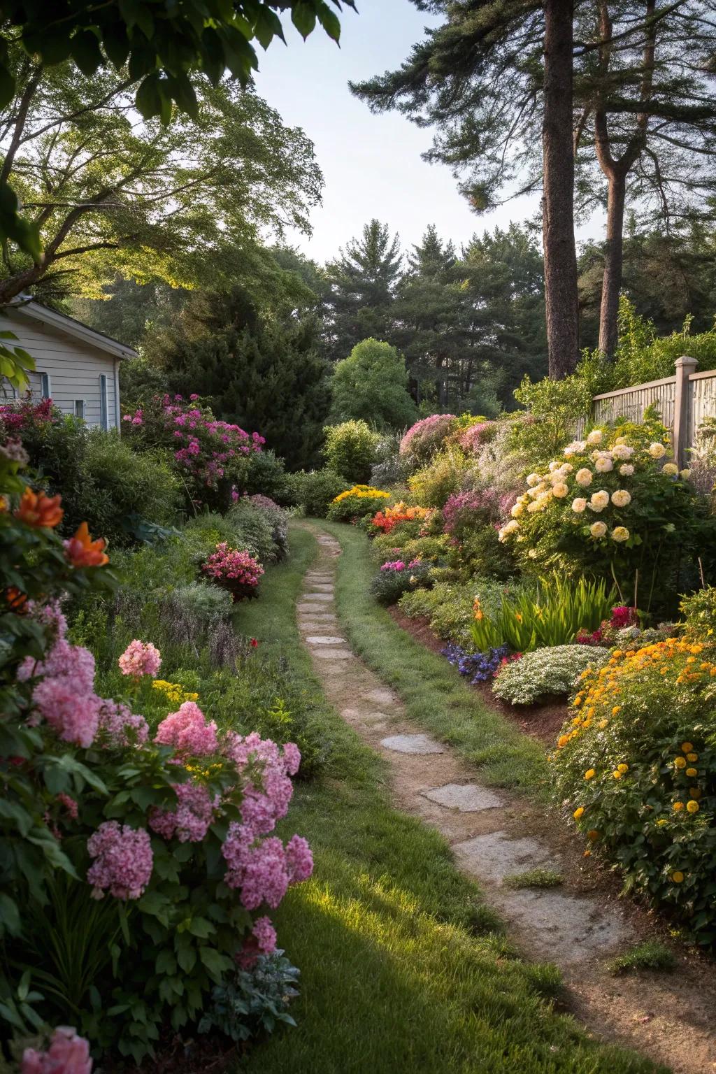 A lively backyard trail lined with radiant blossoms and verdant foliage.