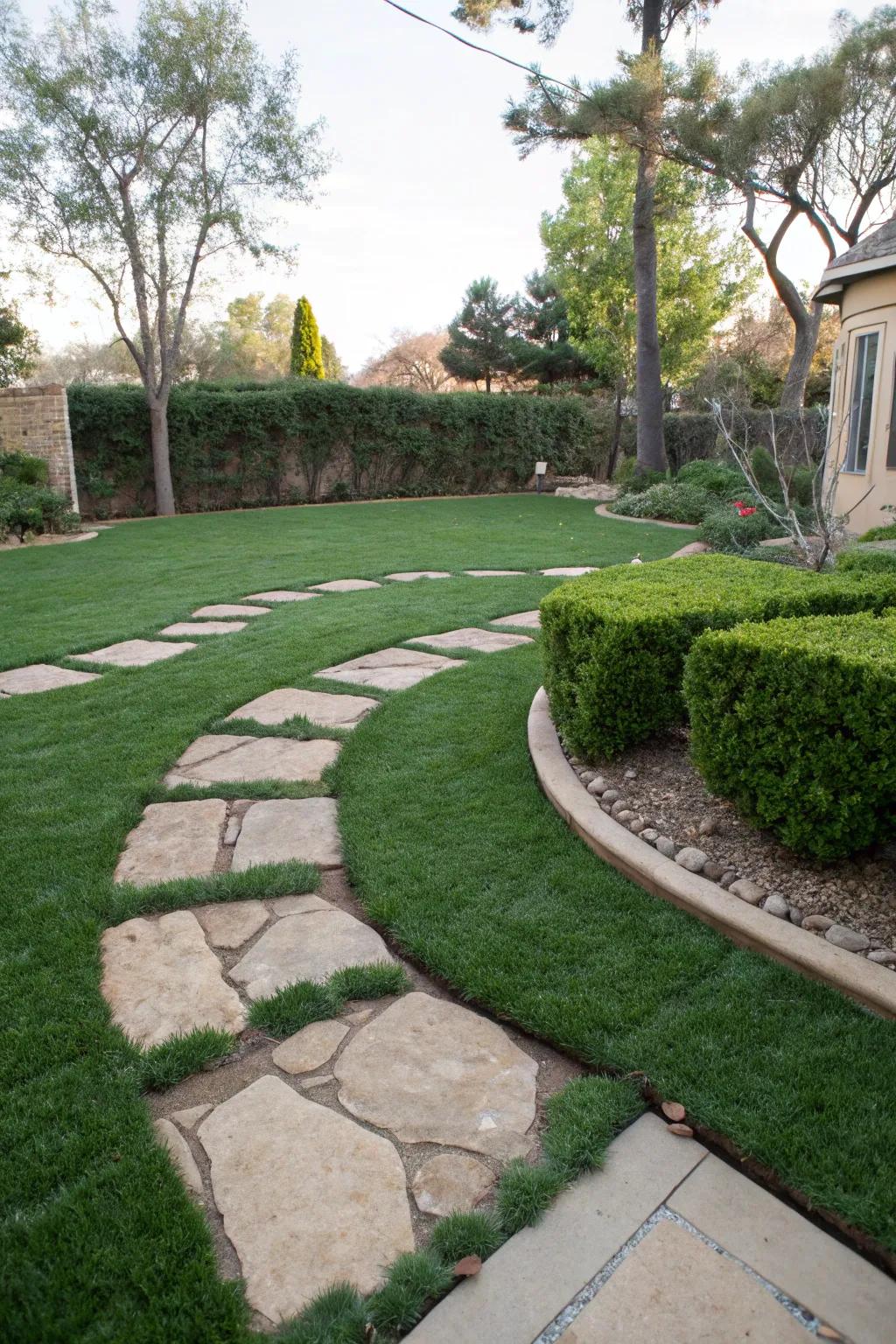 Elegant stone paths meandering through the artificial lawn.