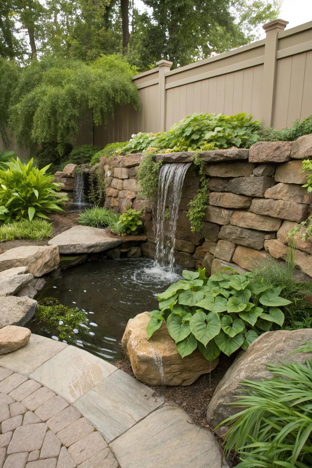A backyard waterfall adds tranquility and charm.