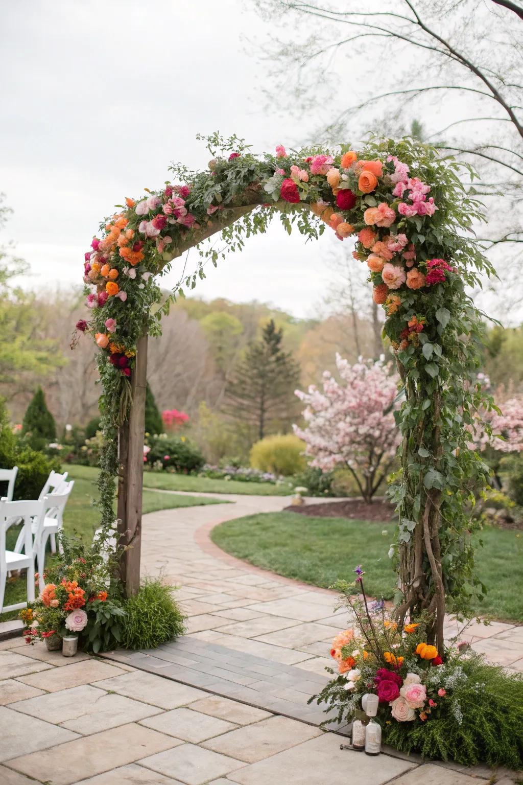 A sophisticated floral gateway serves as a stunning attention point for the wedding event.