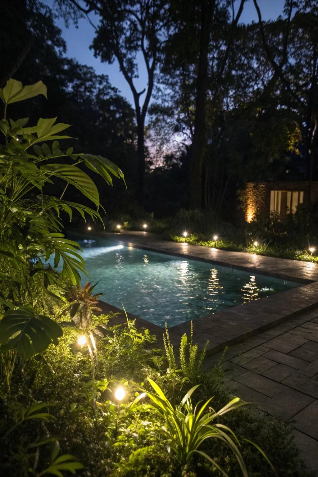 LED lighting fashions a captivating mood for evening swims.