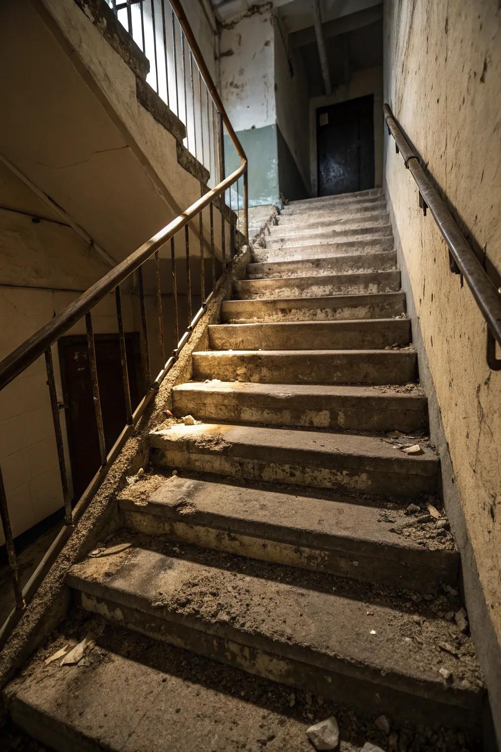 A staircase featuring steps with uneven heights and awkward gaps, posing navigational challenges.
