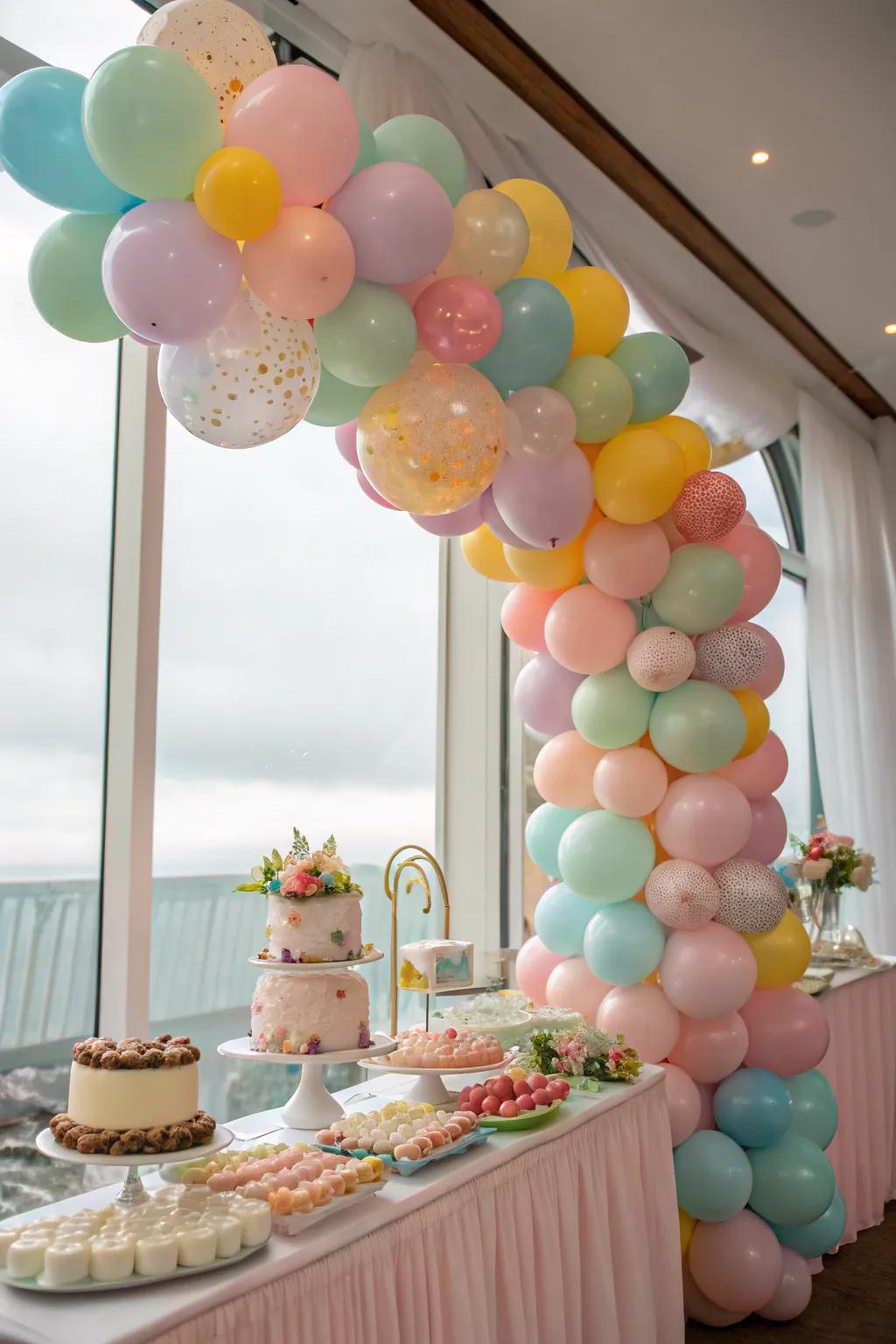 A bright balloon arrangement enlivens the baby shower atmosphere.