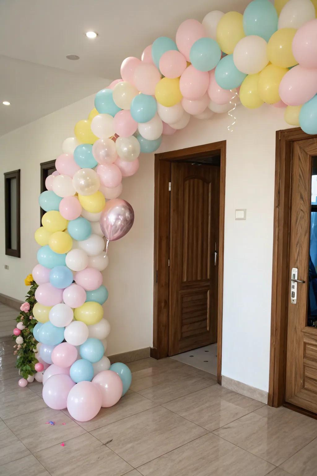A cheerful balloon garland offers a warm welcome at the entrance.