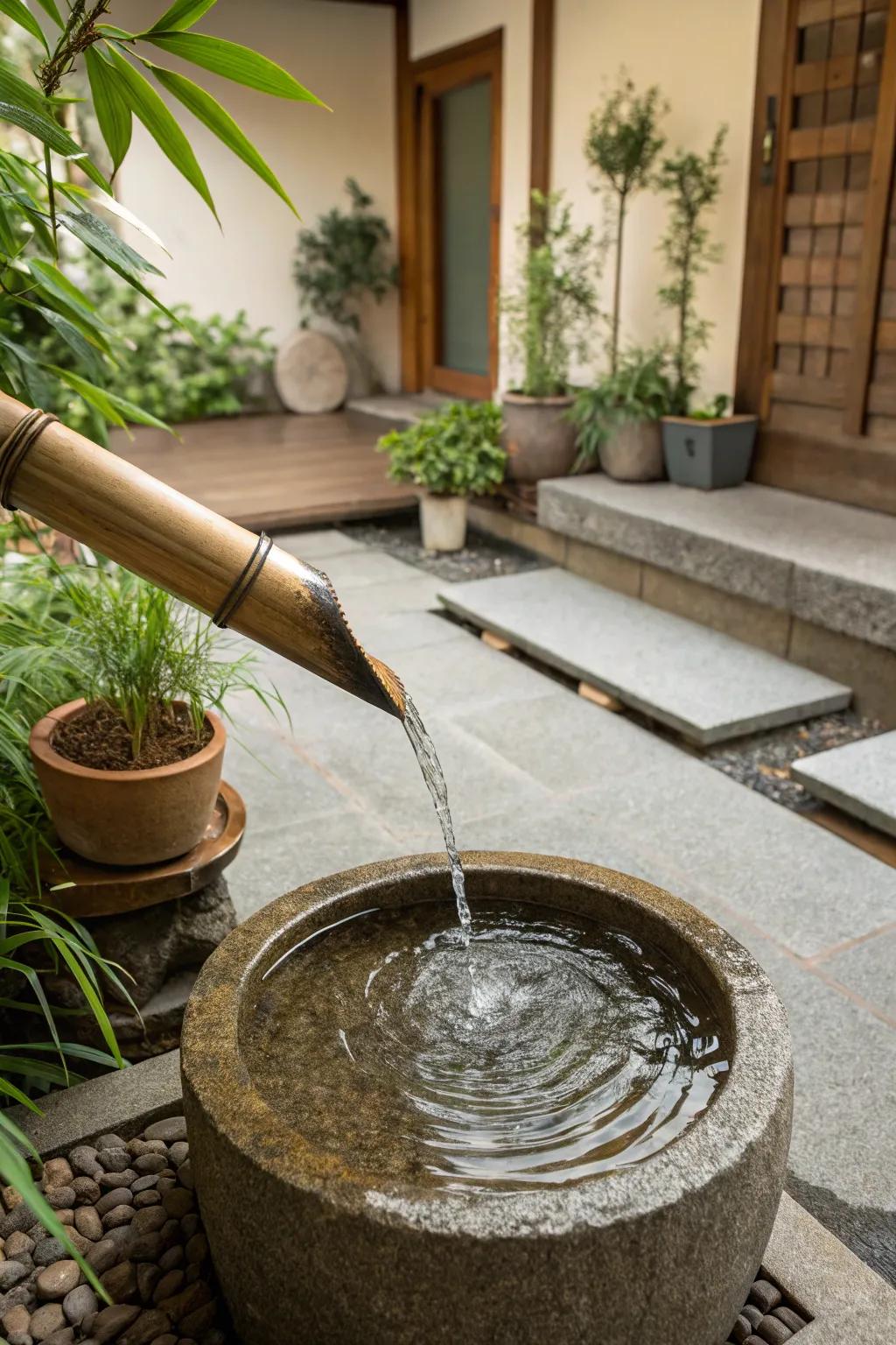 A simple bamboo spout fountain on a welcoming patio.
