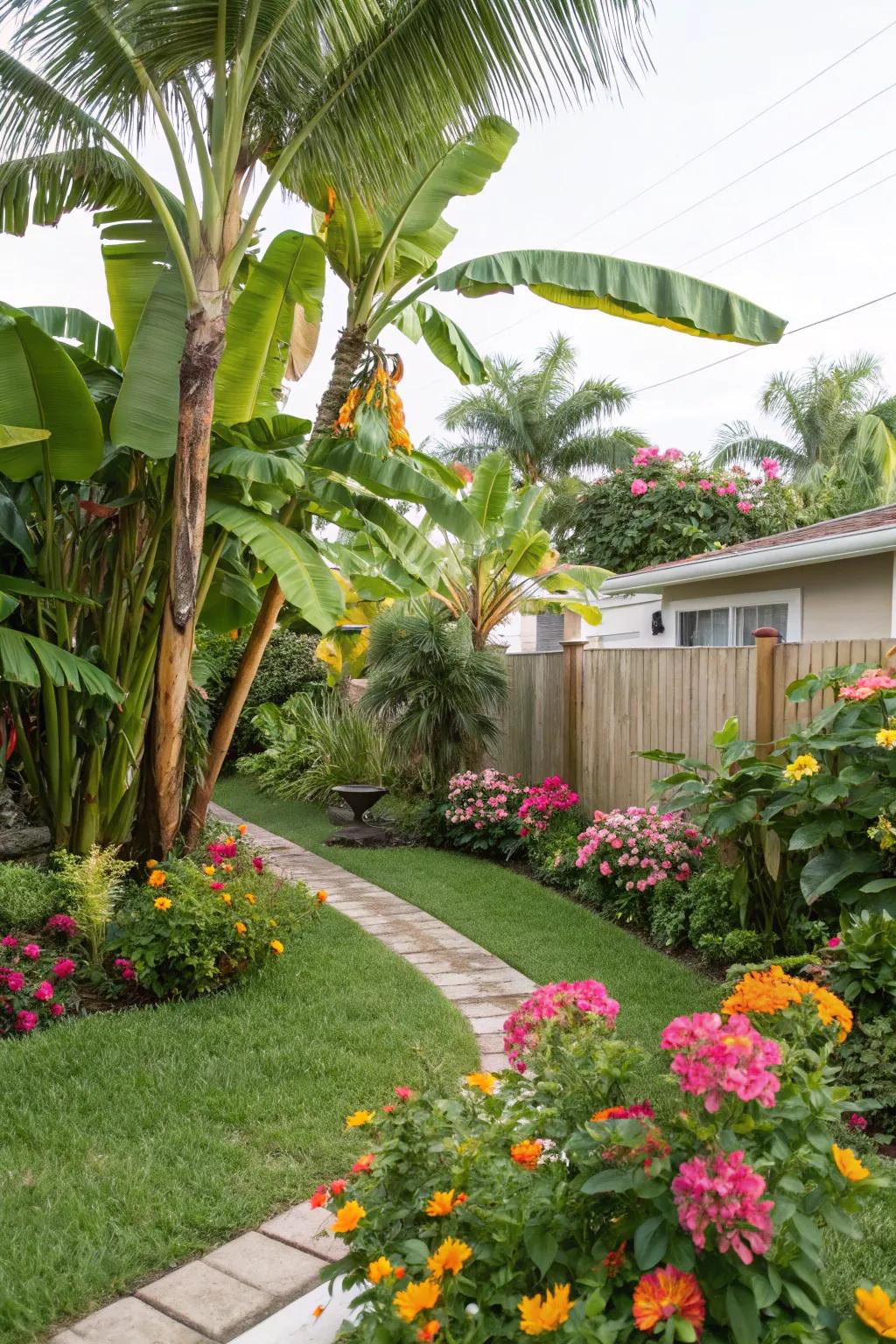 Combine banana trees with vibrant blooms to create a lively garden scene.