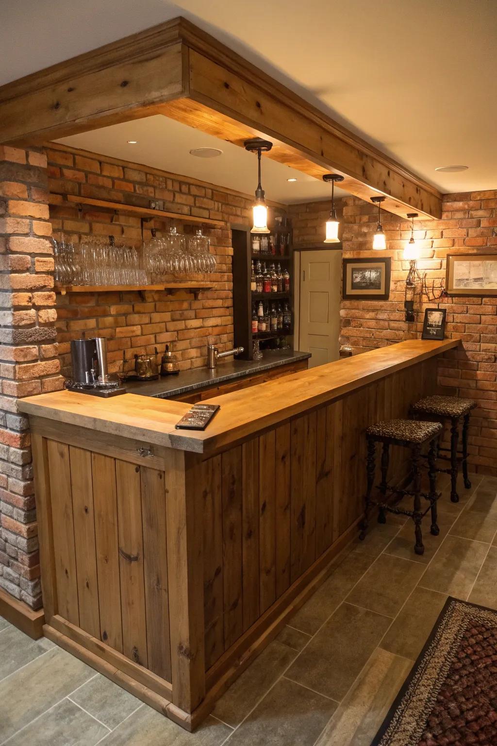A country home bar with a charming stone backsplash and wooden countertops.