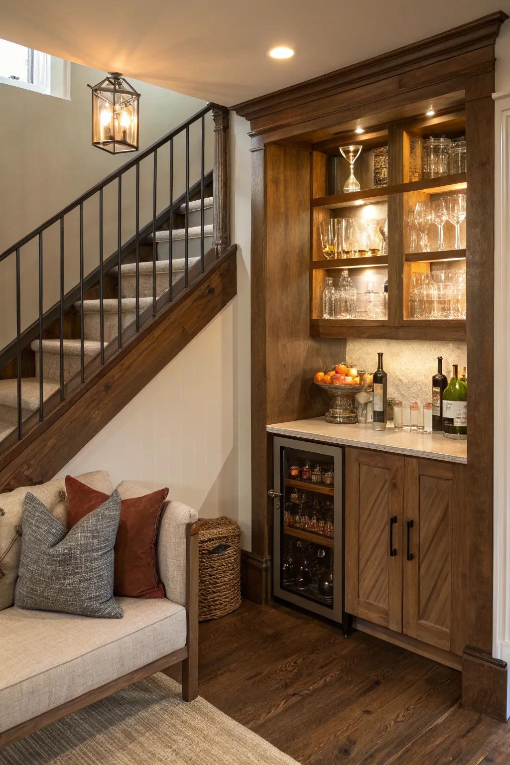 A resourceful utilization of space featuring a bar cabinet installed under the stairs.