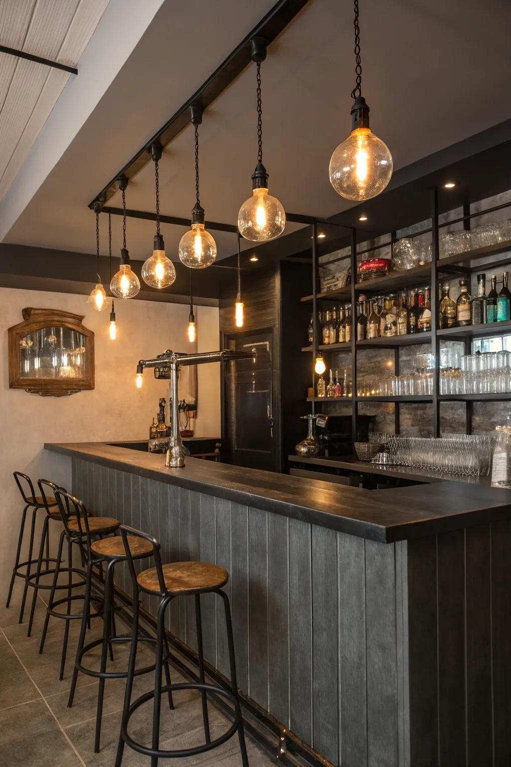 Industrial-style lighting featuring exposed bulbs brings personality to the bar.