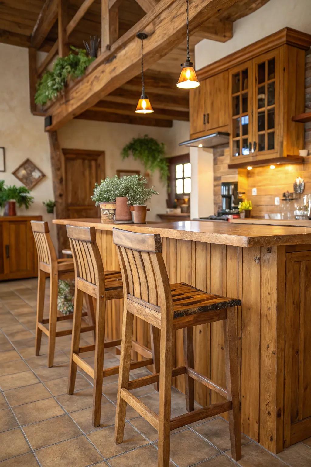 Wood-finished bar stools with backs that radiate rustic allure.