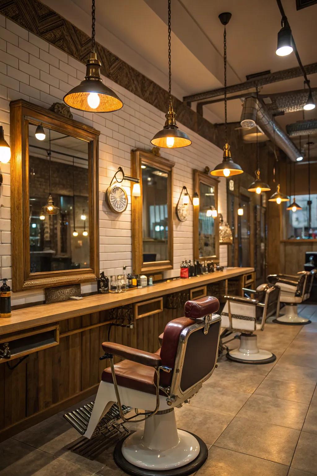 Barbershop embellished with homespun industrial overhead lamps.