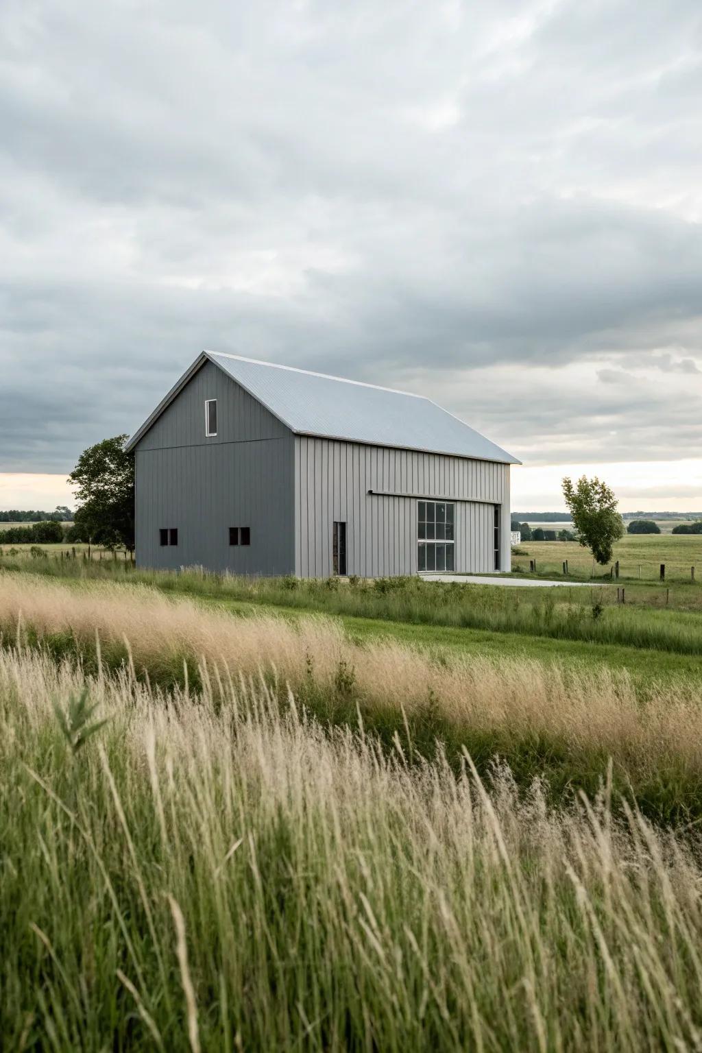 A modern gray barn showcasing clean lines and contemporary aesthetics.