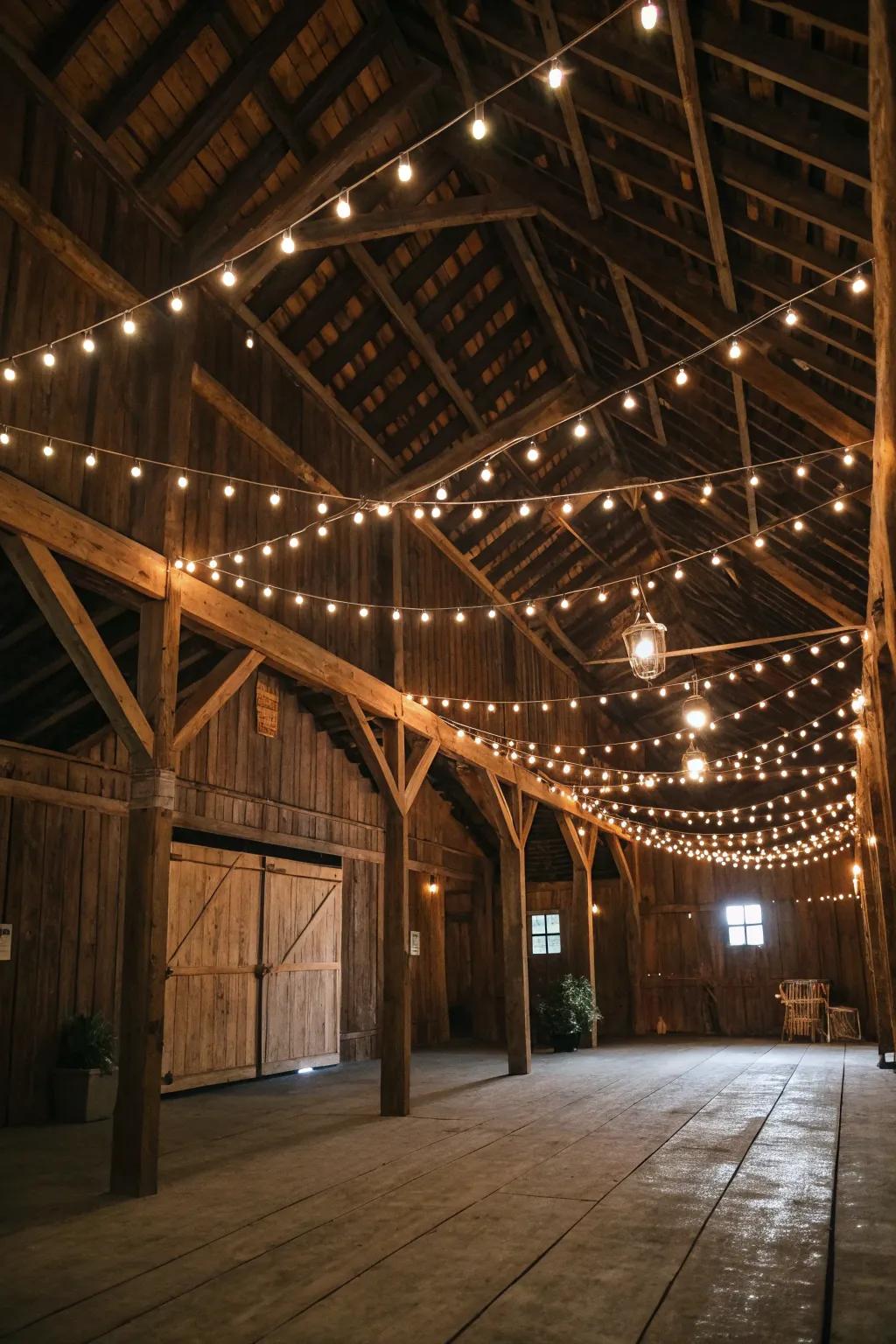 Festoon lights illuminate the barn dance with a magical glow.