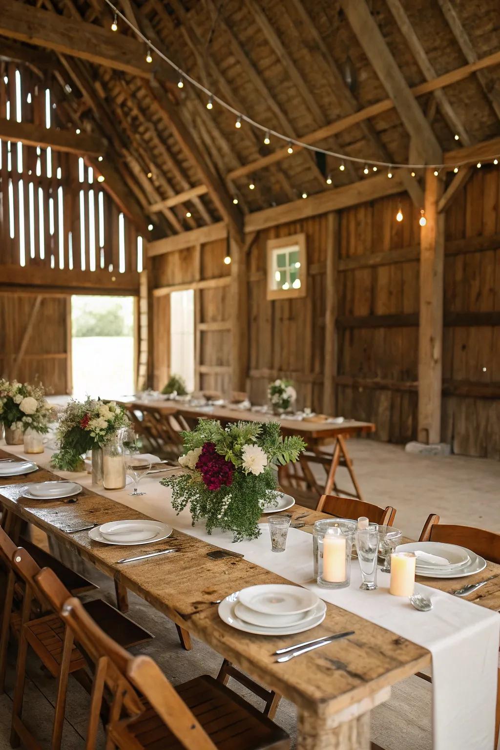 Country-style wooden tables establish the framework for barn sophistication.