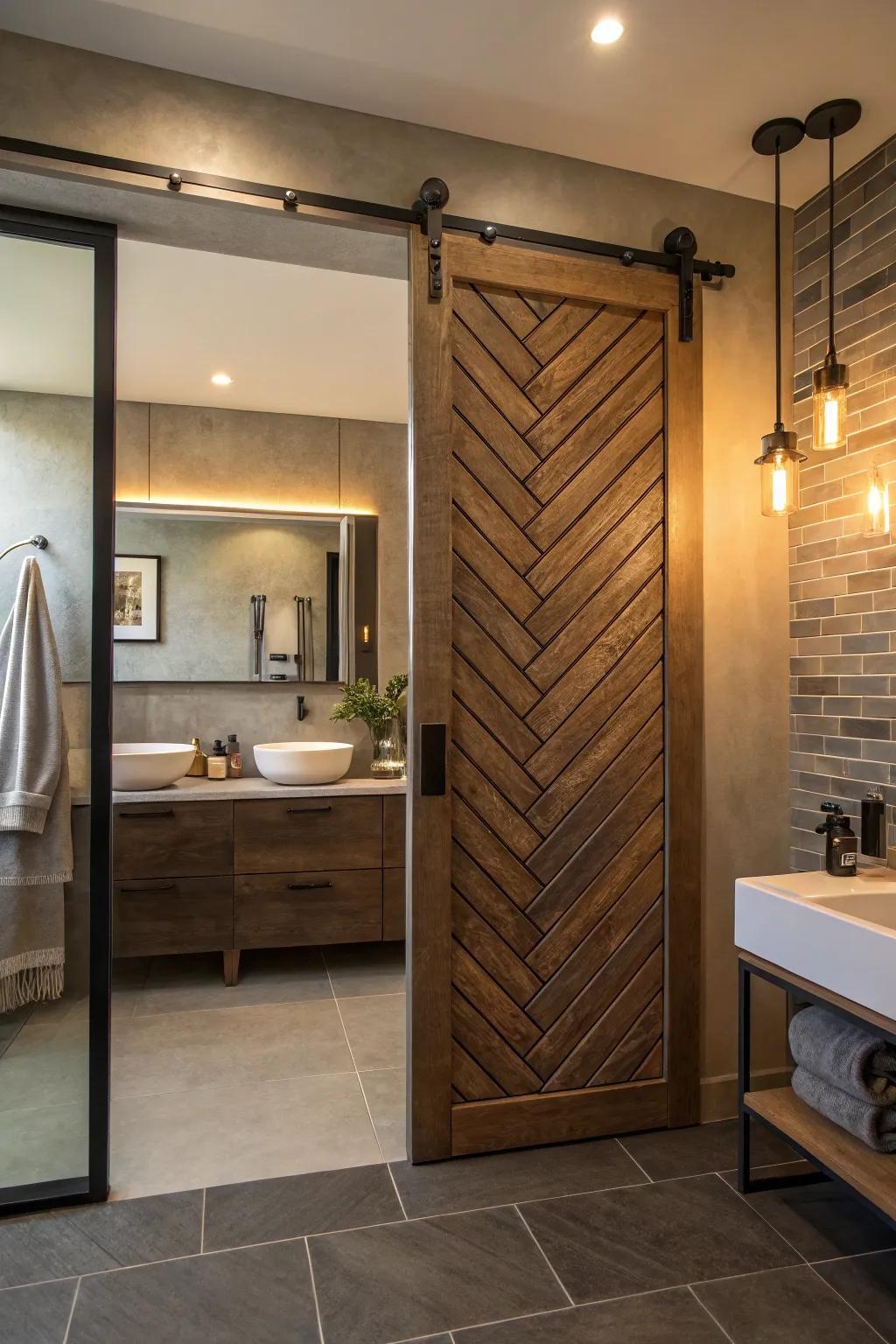 Herringbone motifs impart a vibrant charm to a contemporary bathroom.