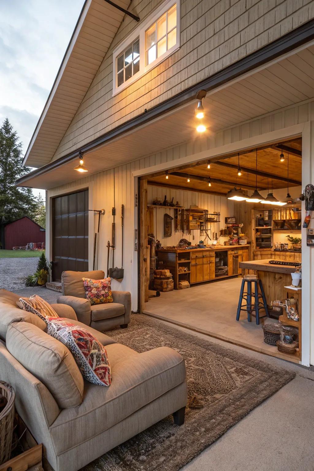 An inviting seating space and crafting corner establish a multipurpose barn garage.