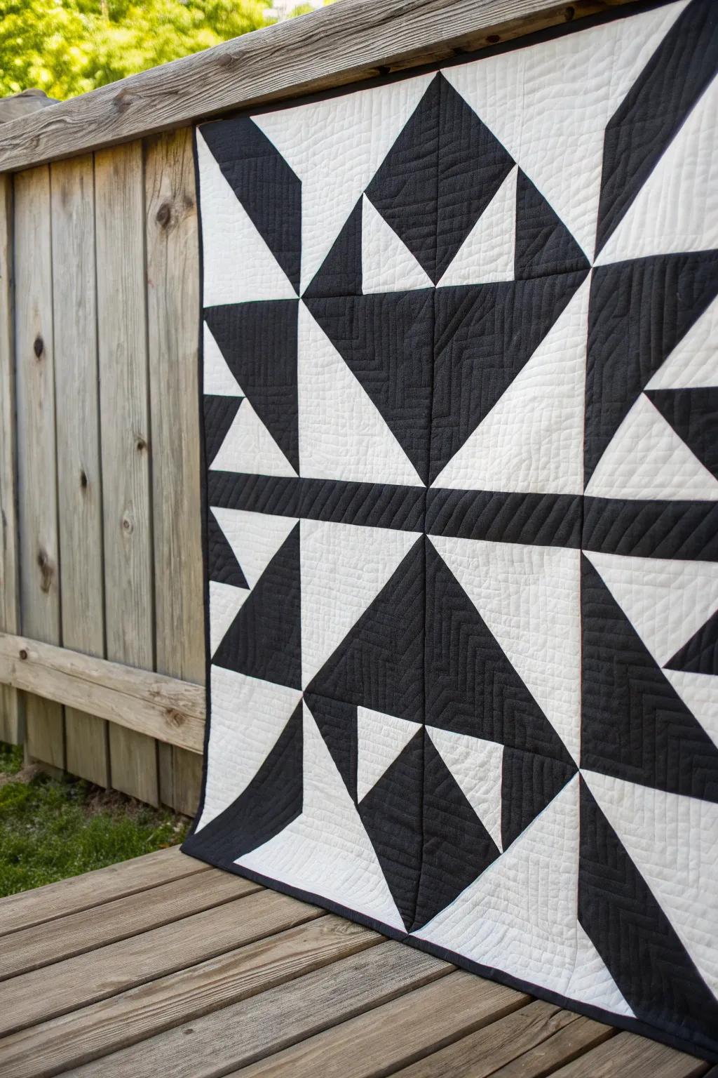 Modern streamlined quilt design in monochrome.