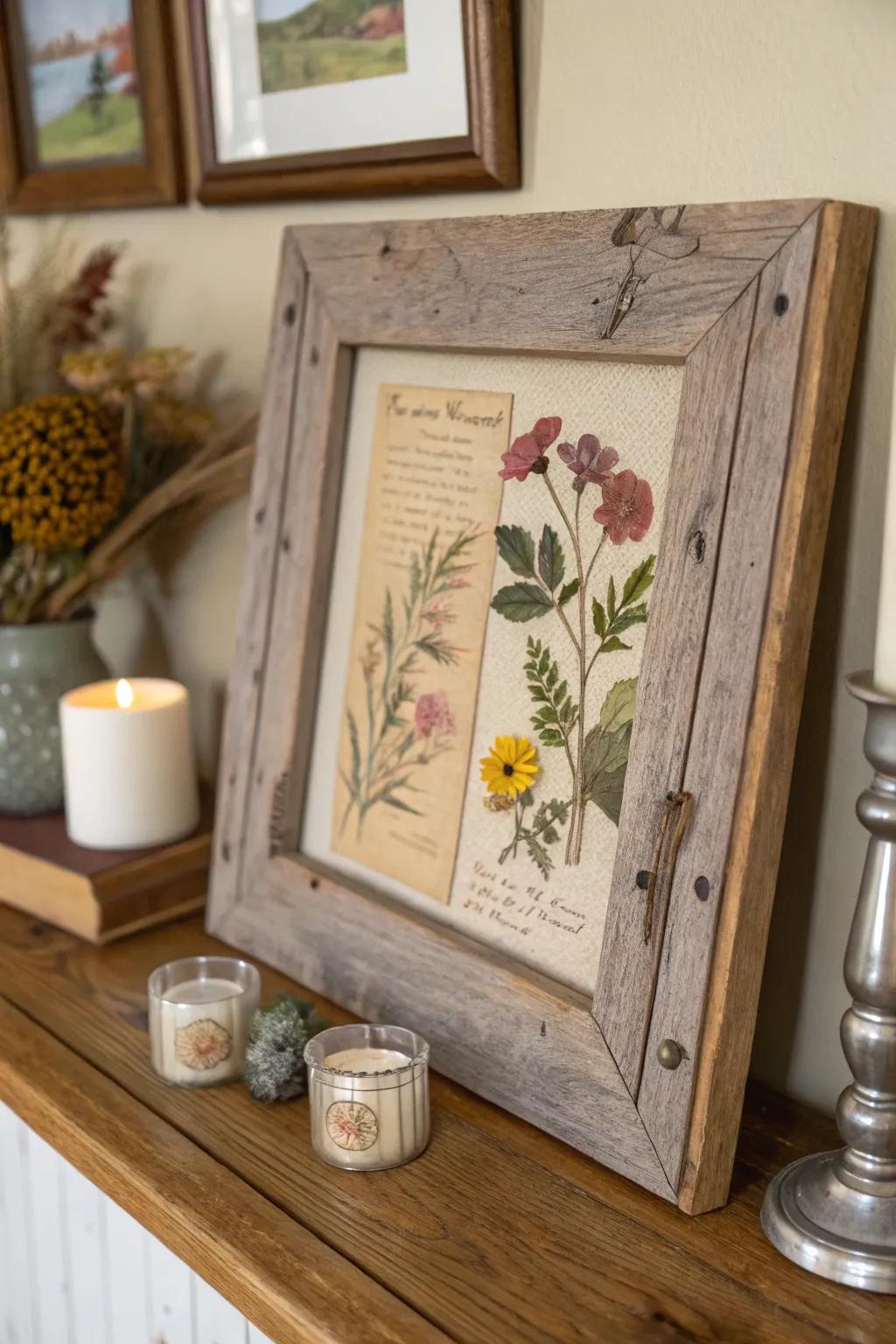 Repurposed wood-look frame with antique card and dried posies.