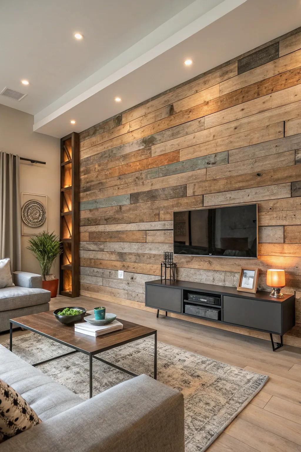 A wood plank wall showcasing a blend of textures and hues.