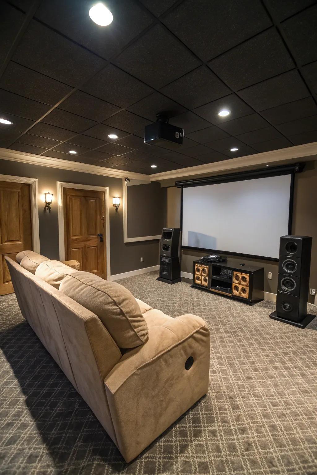 A transformed basement now serving as a cinematic home theater.