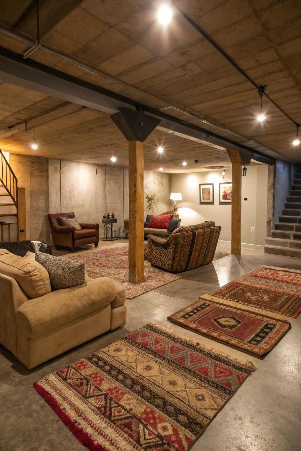 Layered rugs bring character and warmth to basements with concrete floors.