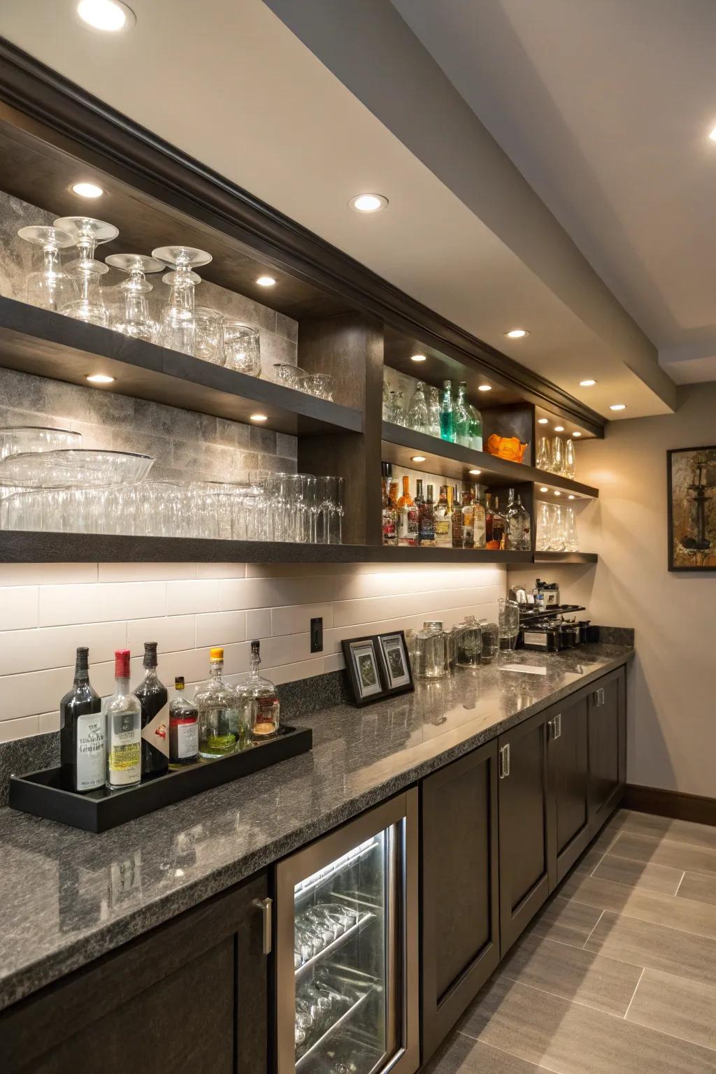 Wall-mounted shelving adds modern sophistication to any bar.