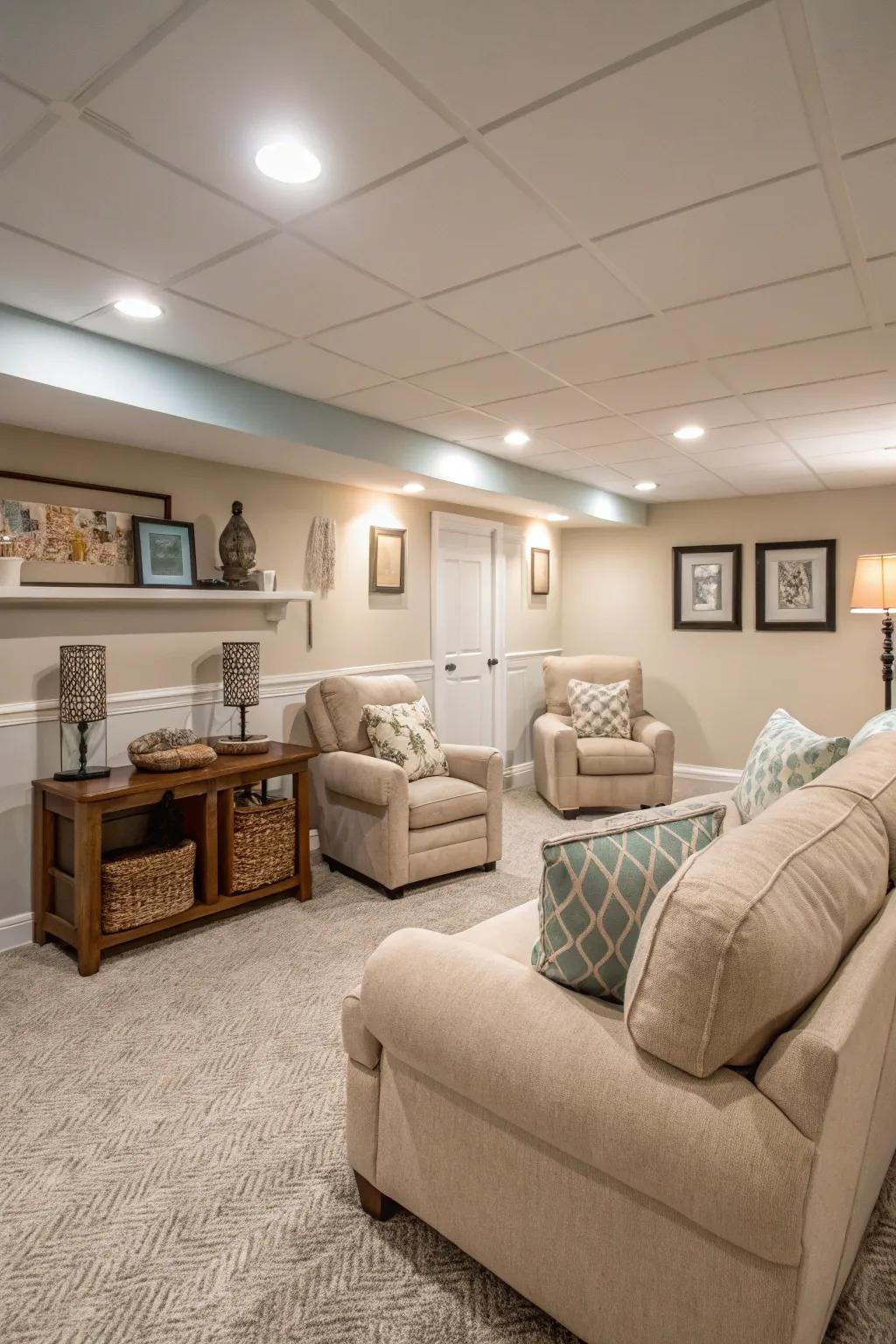 Subdued tones foster a peaceful and open atmosphere in this basement.