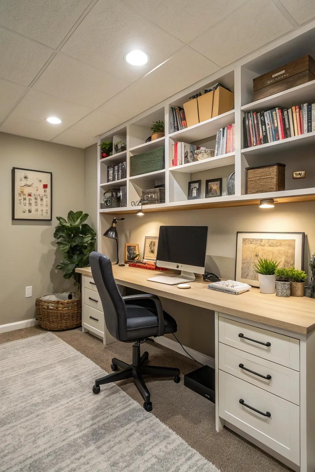 A contemporary home office in the basement featuring a wide desk and neatly arranged shelving.