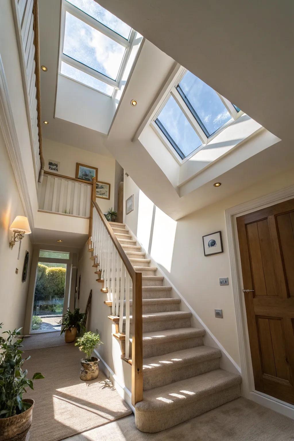 Skylights brighten up the stairwell, creating an open feel.