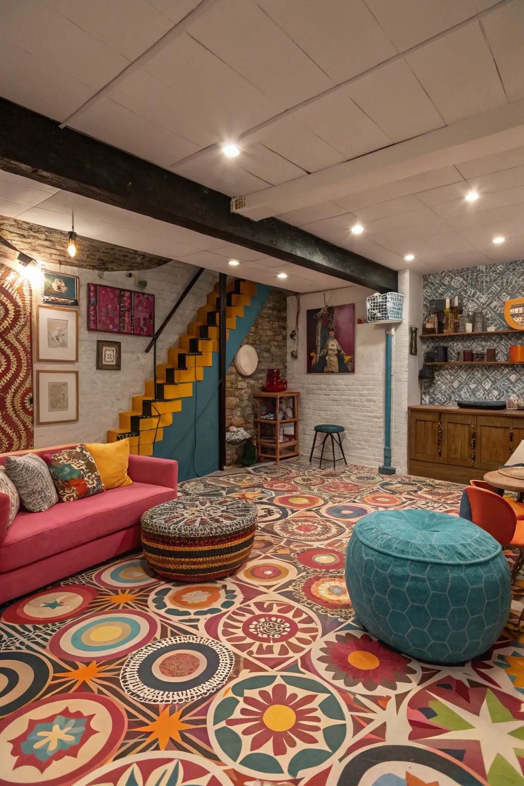Patterned vinyl flooring enlivens your basement with character.