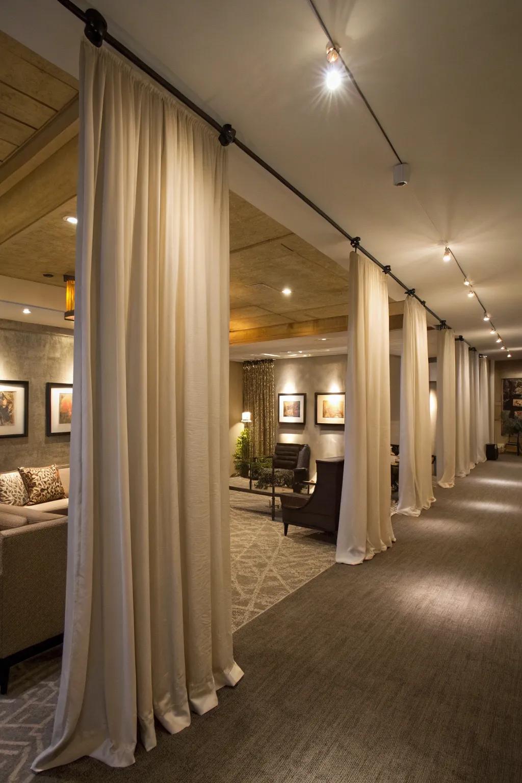 Extended length coverings enhance the space and add elegance to a basement.